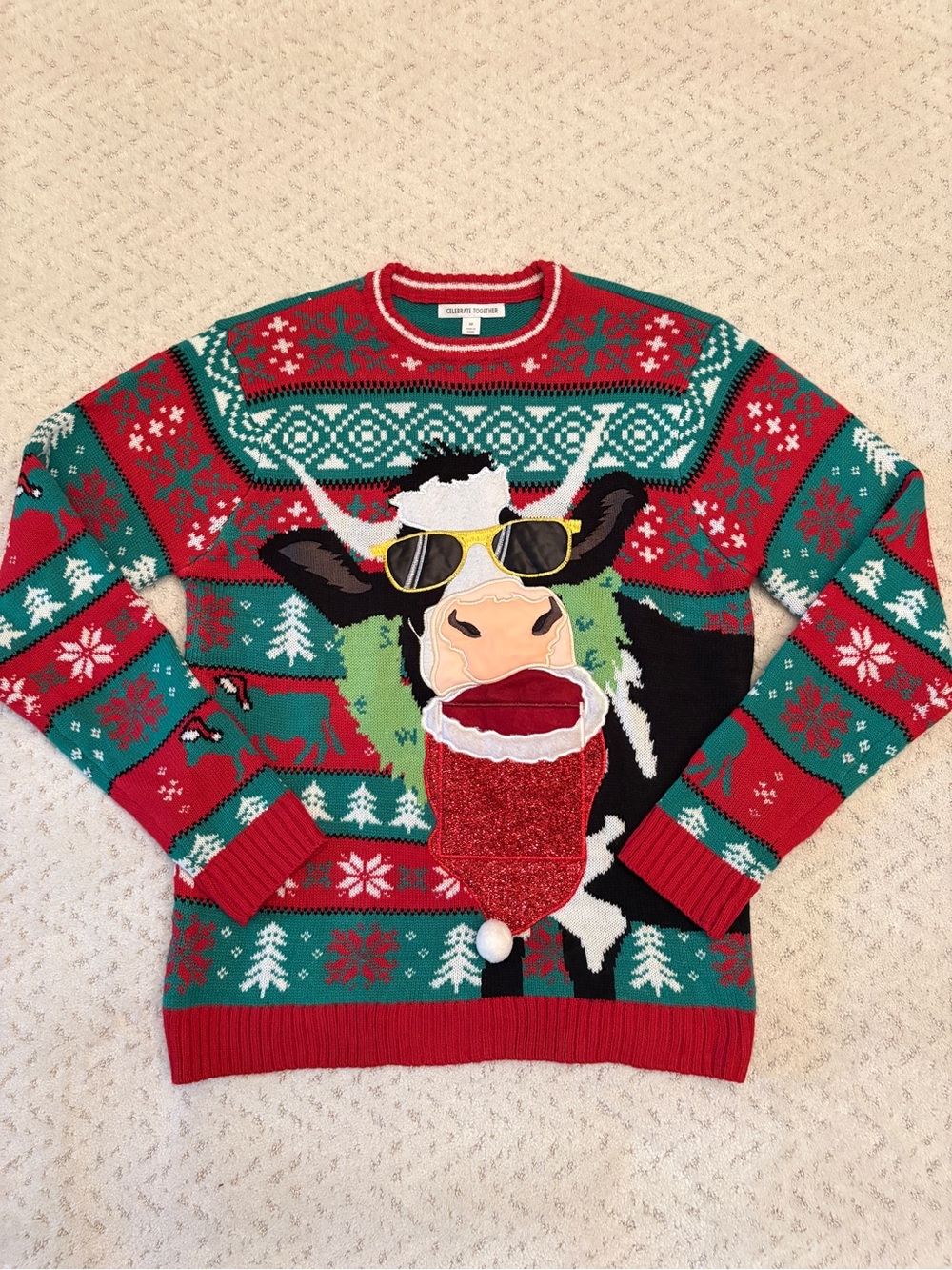 Ugly Christmas Sweater Cool Cow Size M Beer Bottle Pocket Festive Holiday Party